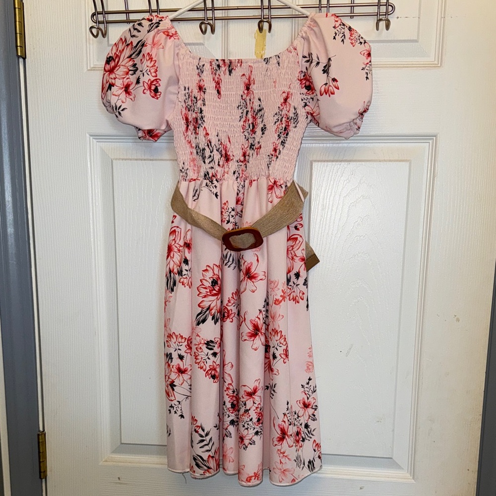 Girls Pink Floral Puff Sleeve Midi Dress with Belt